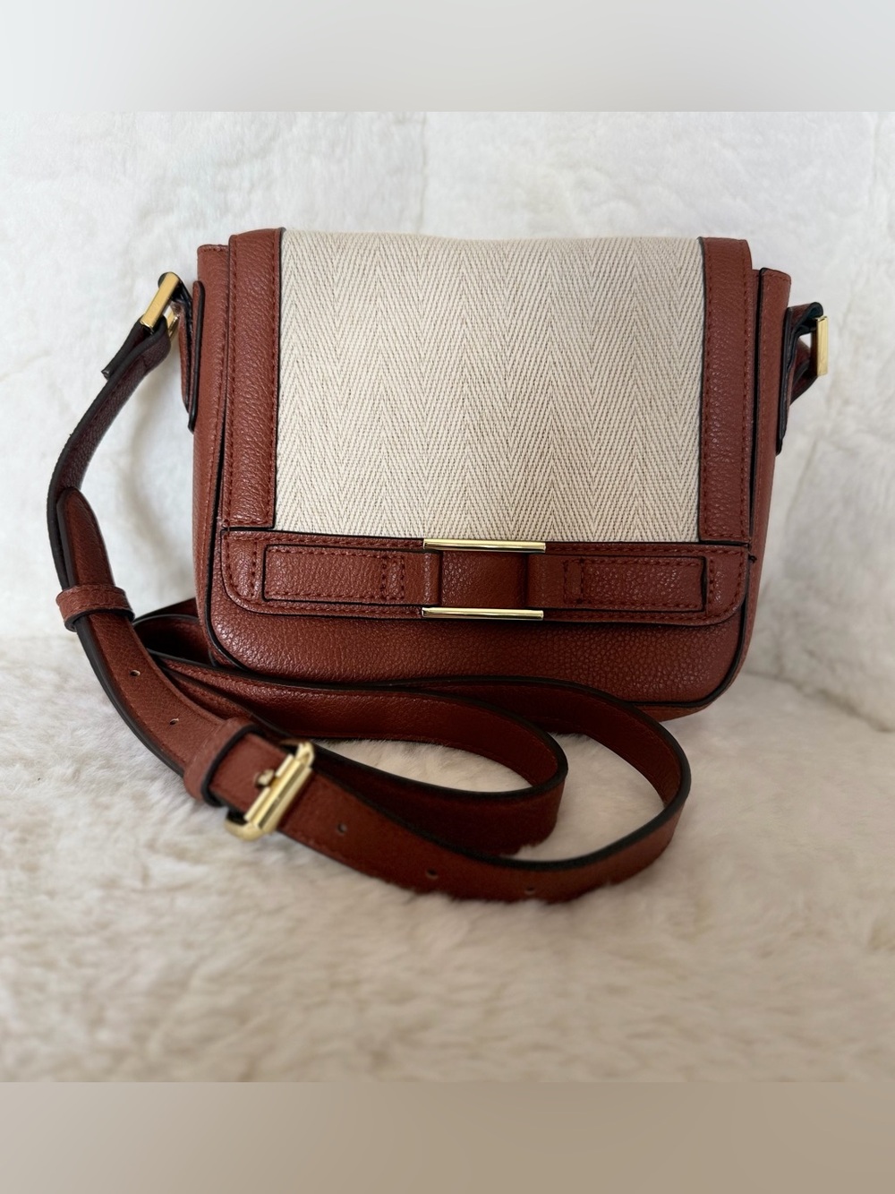 Merona Brown and Cream Leather Crossbody Shoulder Bag